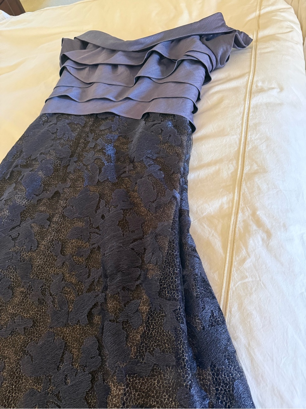 Rene Ruiz Lavender Off-Shoulder Bodice with Navy Floral Brocade Maxi